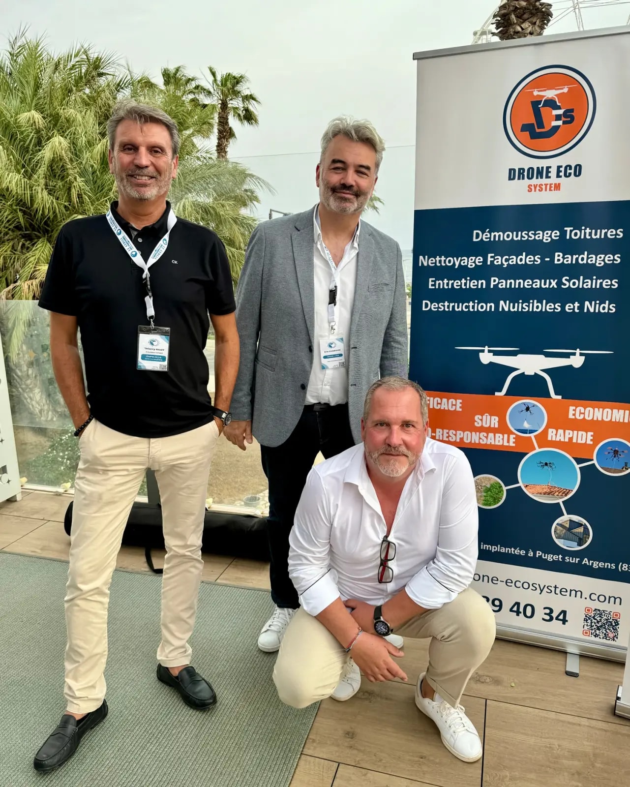 Portrait de trois hommes dont Éric Chabidon et Thierry Gilot ainsi que le gérant de Drone Eco System lors d'une soirée au casino barrière de Saint-Raphaël organisée par le CPG83